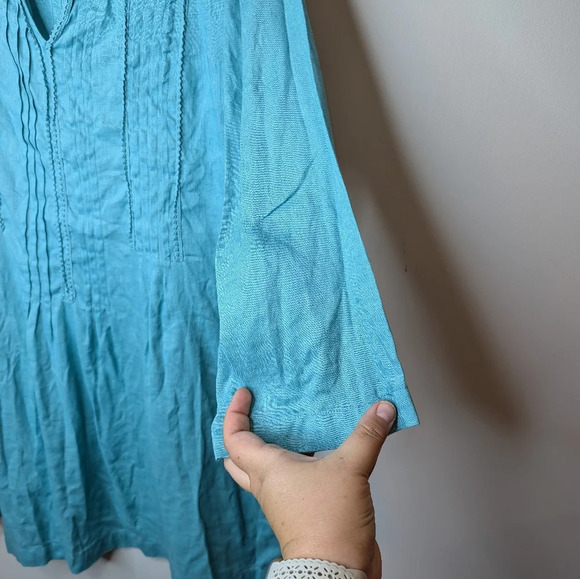 J Jill Size M Pintuck  Pleat Tunic Top Half Sleeve 100% Linen Shirt Blouse Long - Picture 5 of 9